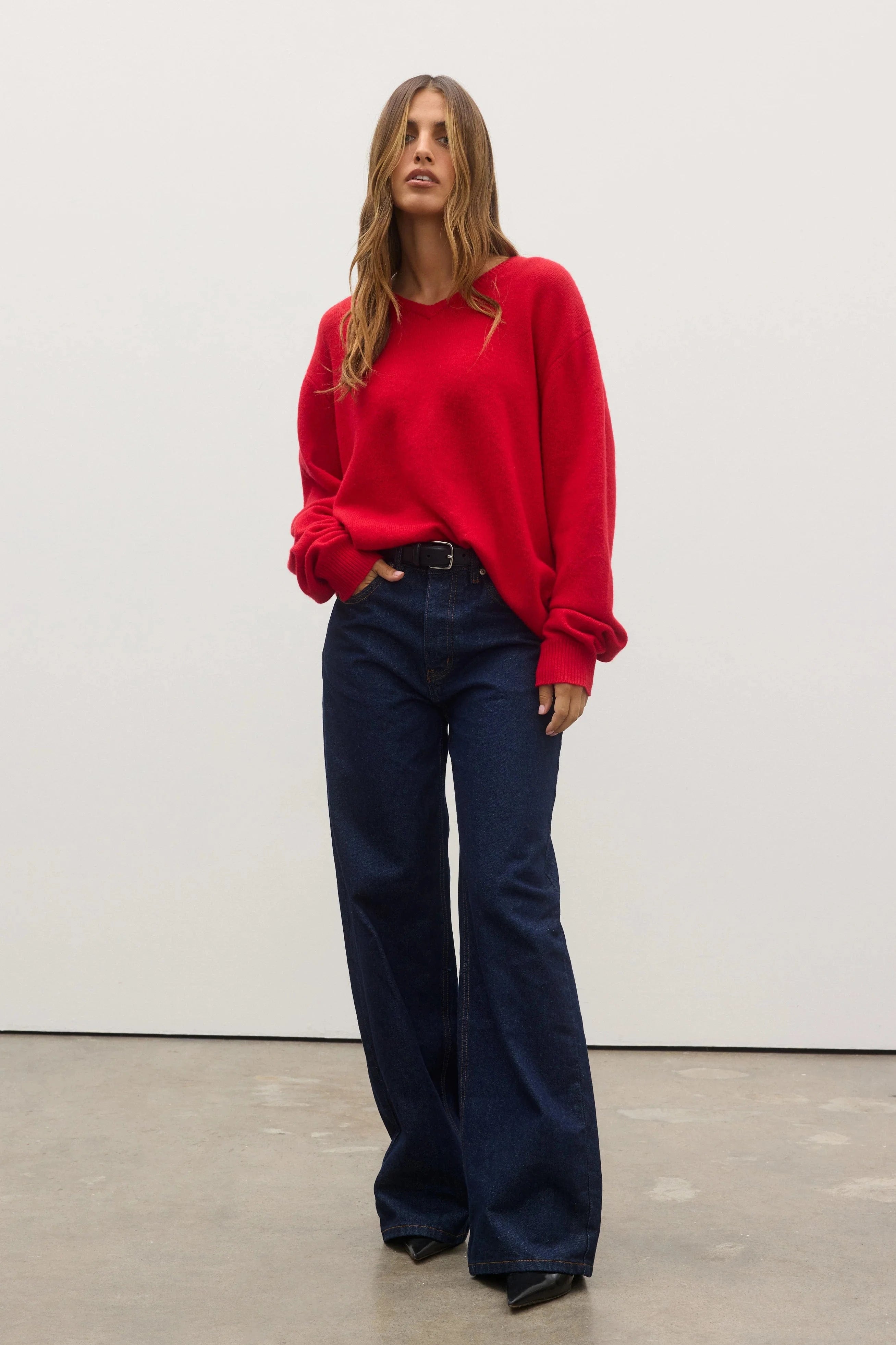 Bayse Brand Knits Billie V Neck Sweater - Cherry Red