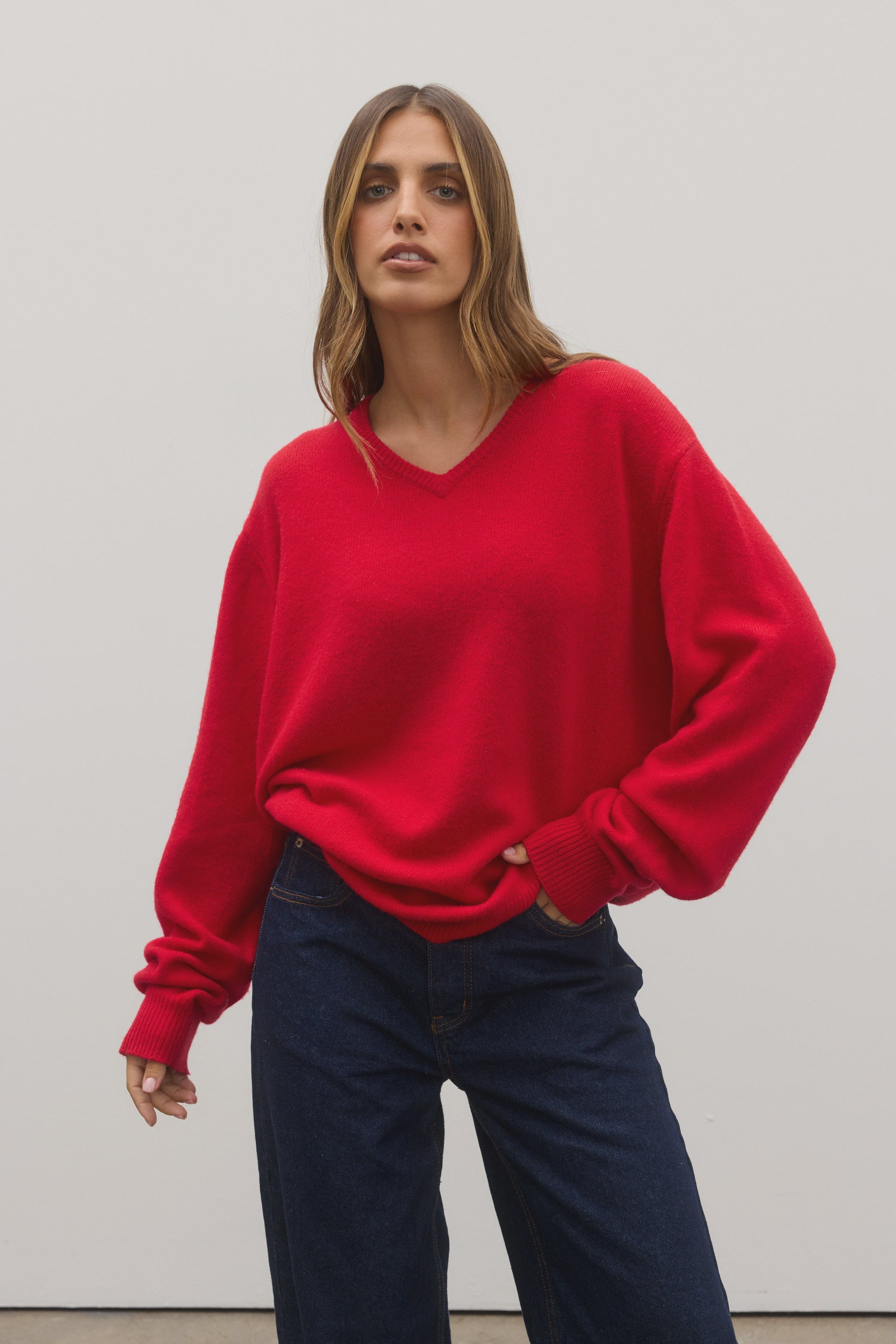 Bayse Brand Knits Billie V Neck Sweater - Cherry Red