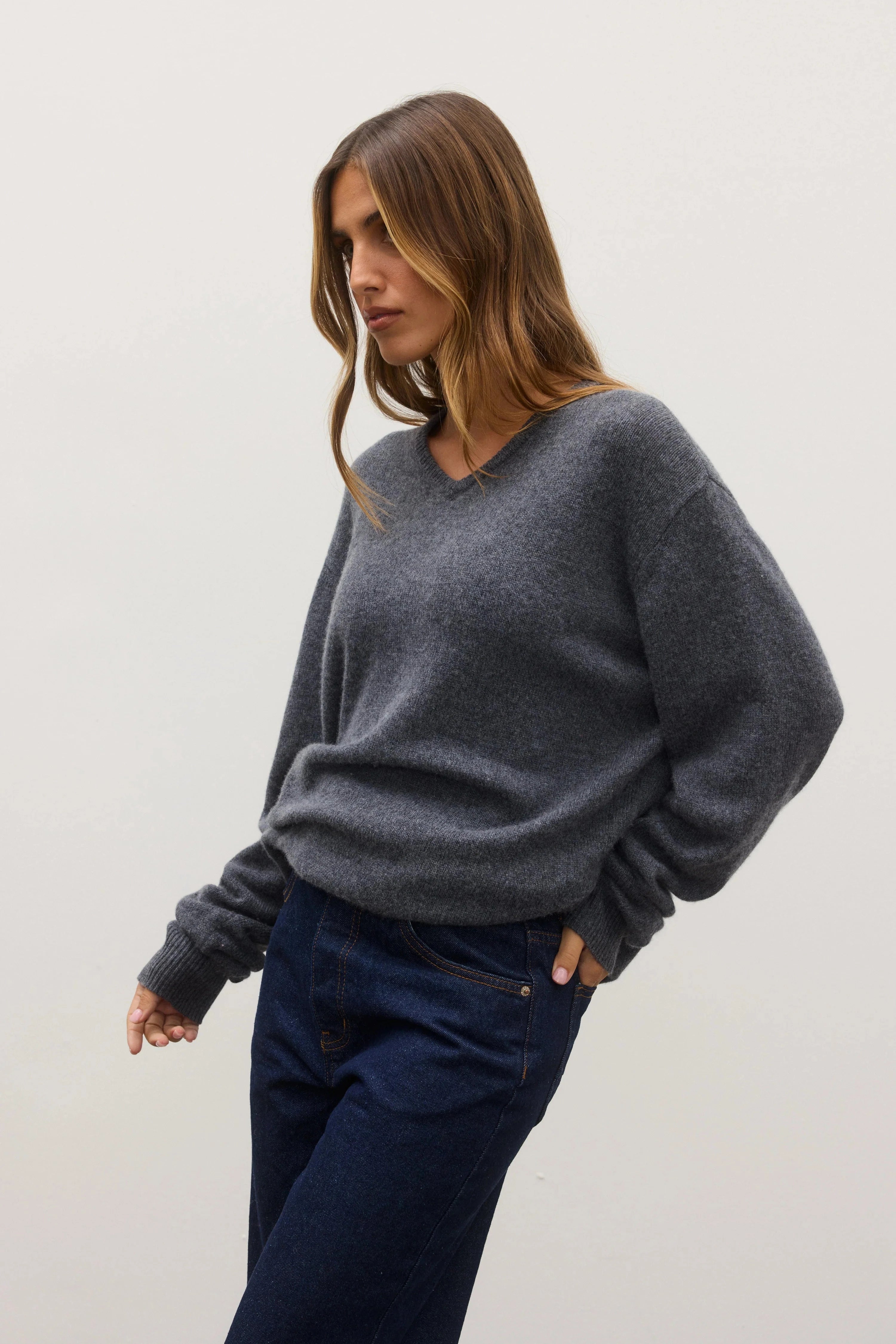 Bayse Brand Sweaters Bayse Brand | Billie V Neck Sweater - Dark Heather Grey