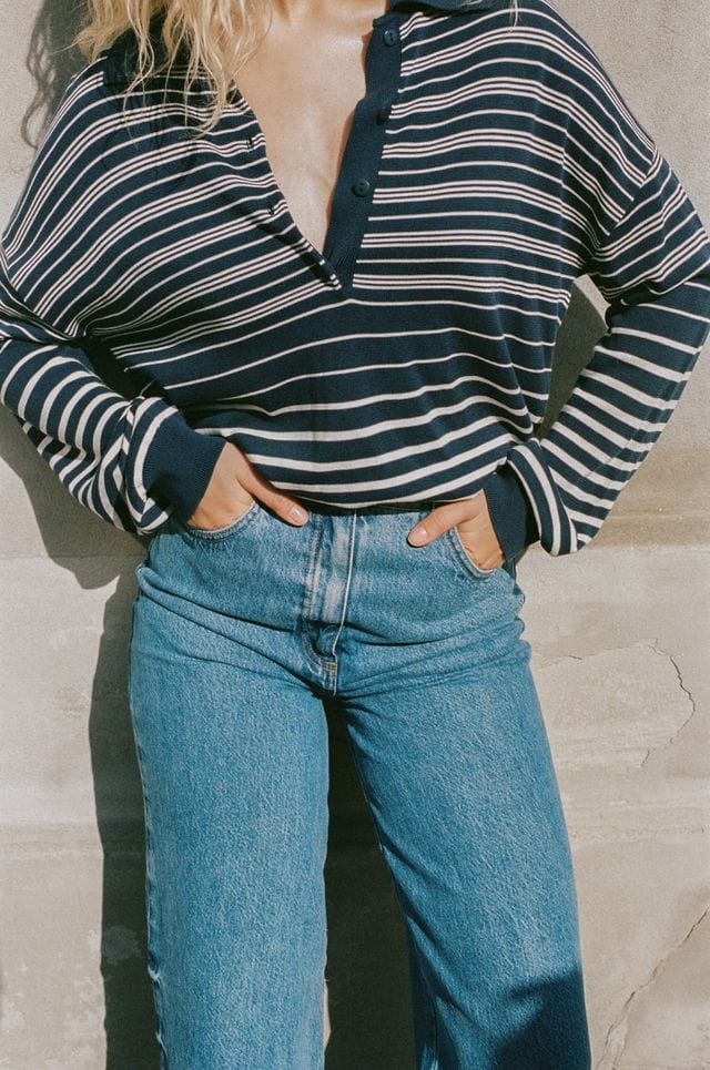 Faithful The Brand Tops - Long Sleeve Faithful The Label | Harlow Oversized Polo - Scandi Stripe/Navy Cream