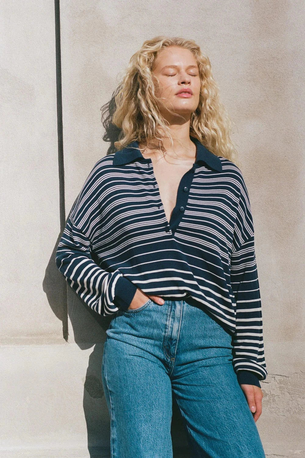 Faithful The Brand Tops - Long Sleeve Faithful The Label | Harlow Oversized Polo - Scandi Stripe/Navy Cream