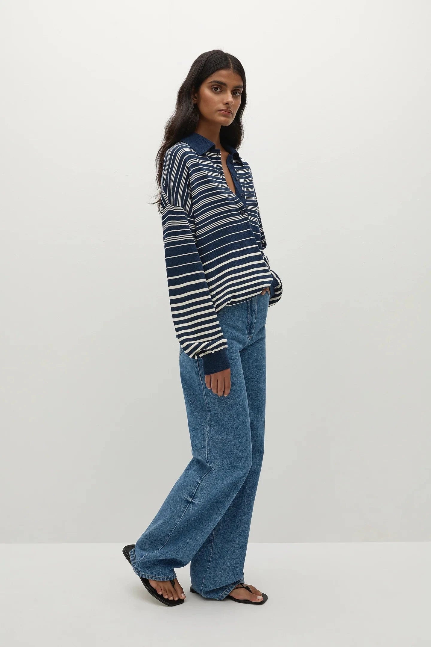 Faithful The Brand Tops - Long Sleeve Faithful The Label | Harlow Oversized Polo - Scandi Stripe/Navy Cream
