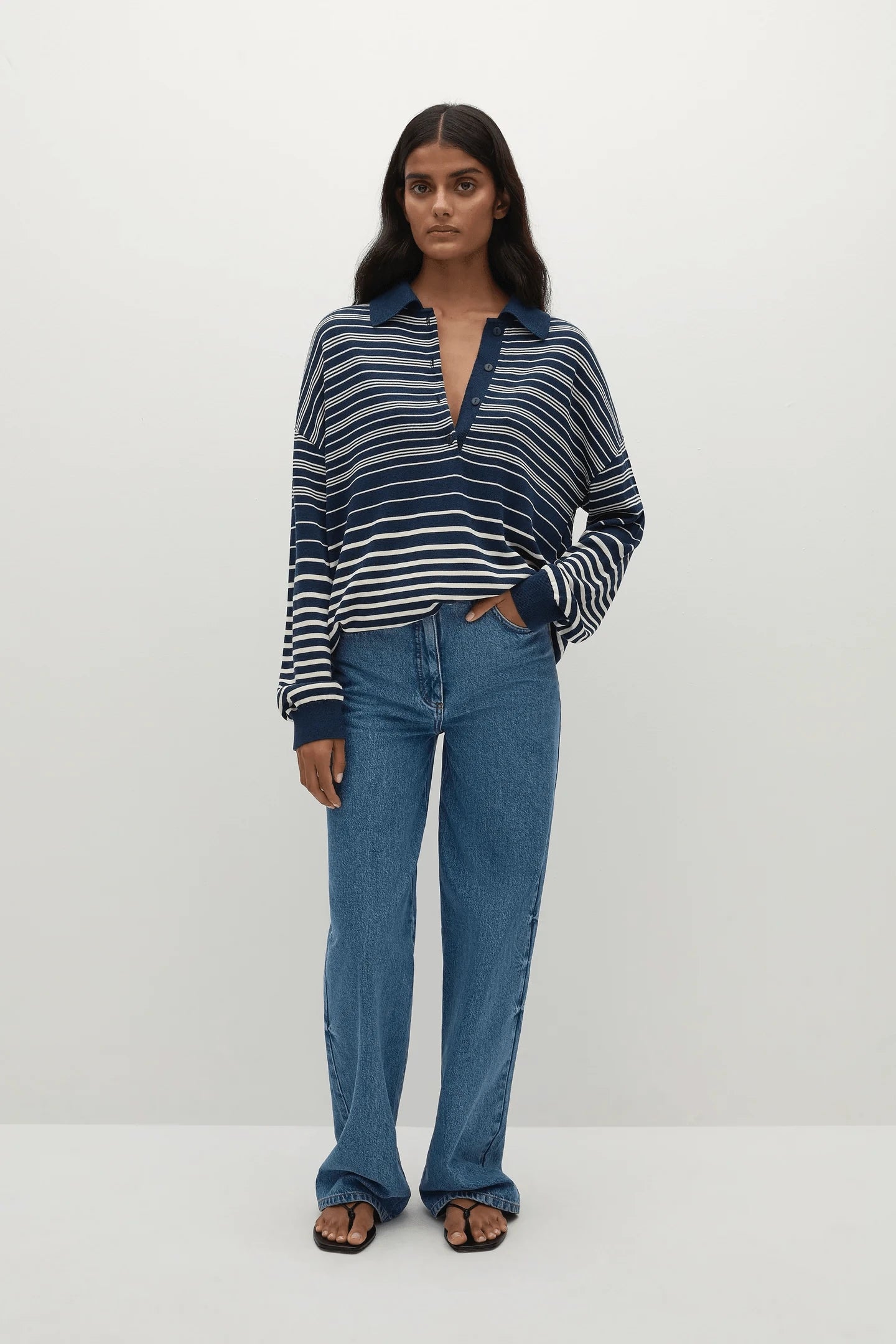 Faithful The Brand Tops - Long Sleeve Faithful The Label | Harlow Oversized Polo - Scandi Stripe/Navy Cream