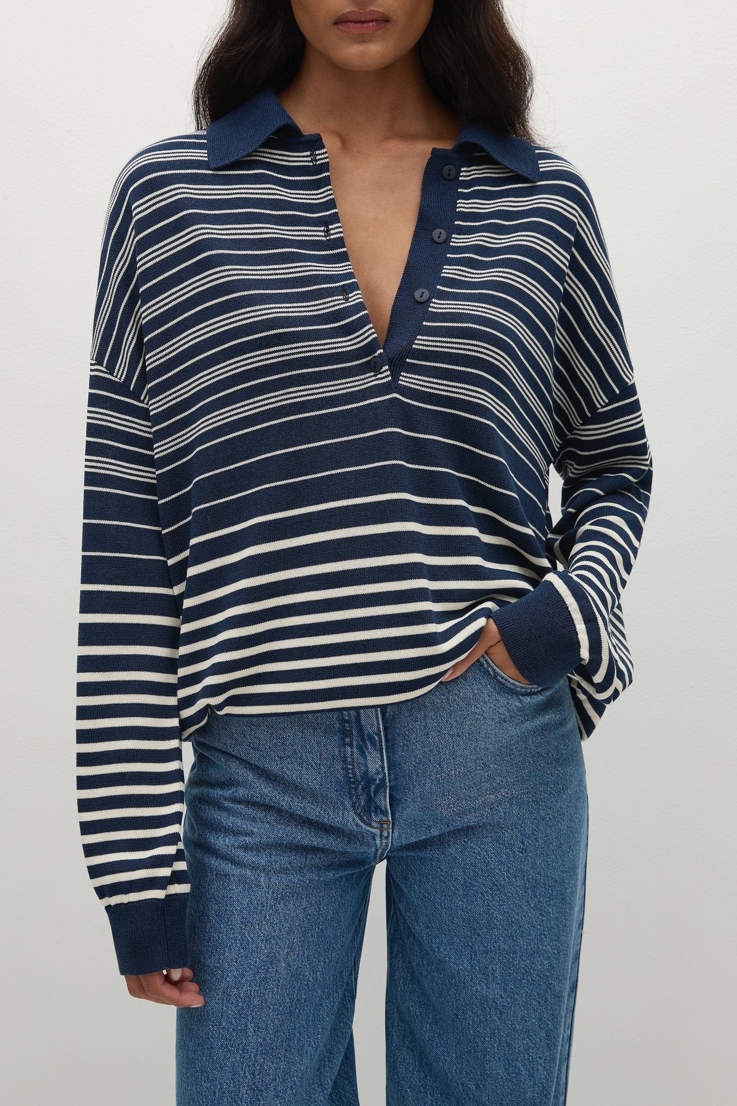 Faithful The Brand Tops - Long Sleeve Faithful The Label | Harlow Oversized Polo - Scandi Stripe/Navy Cream