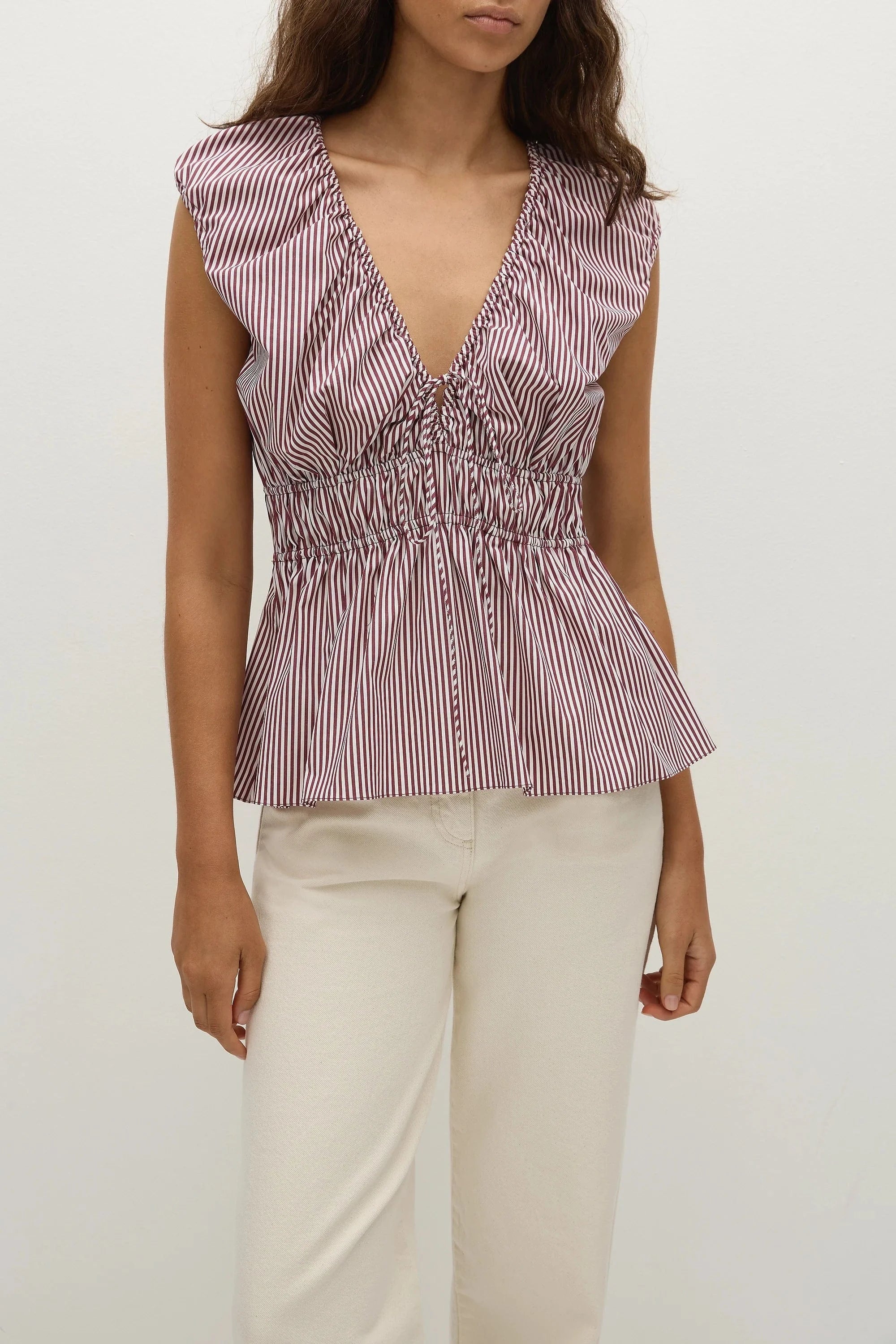 Faithfull The Brand Tops - Formal Hedda Top - Burgundy Stripe