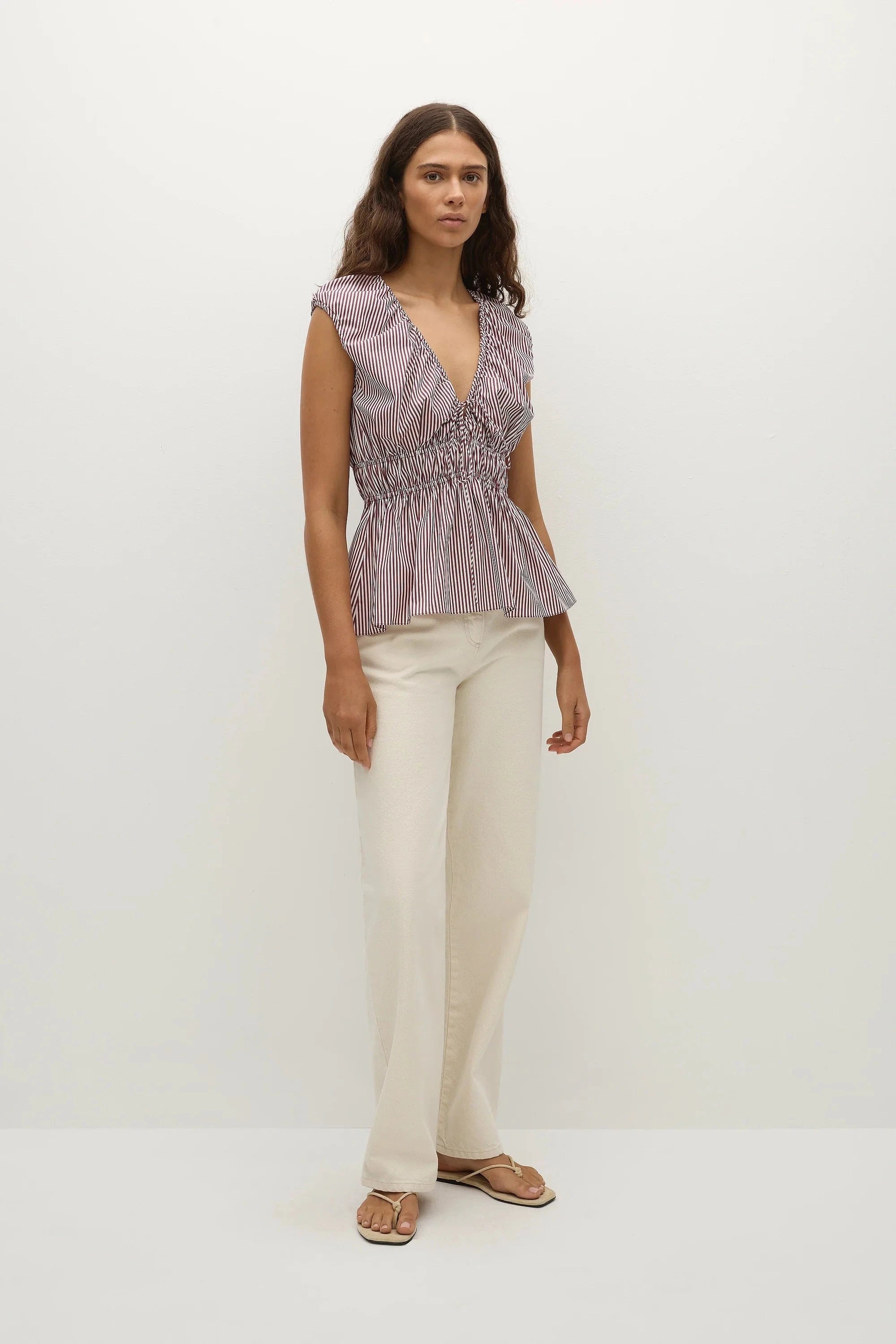 Faithfull The Brand Tops - Formal Hedda Top - Burgundy Stripe