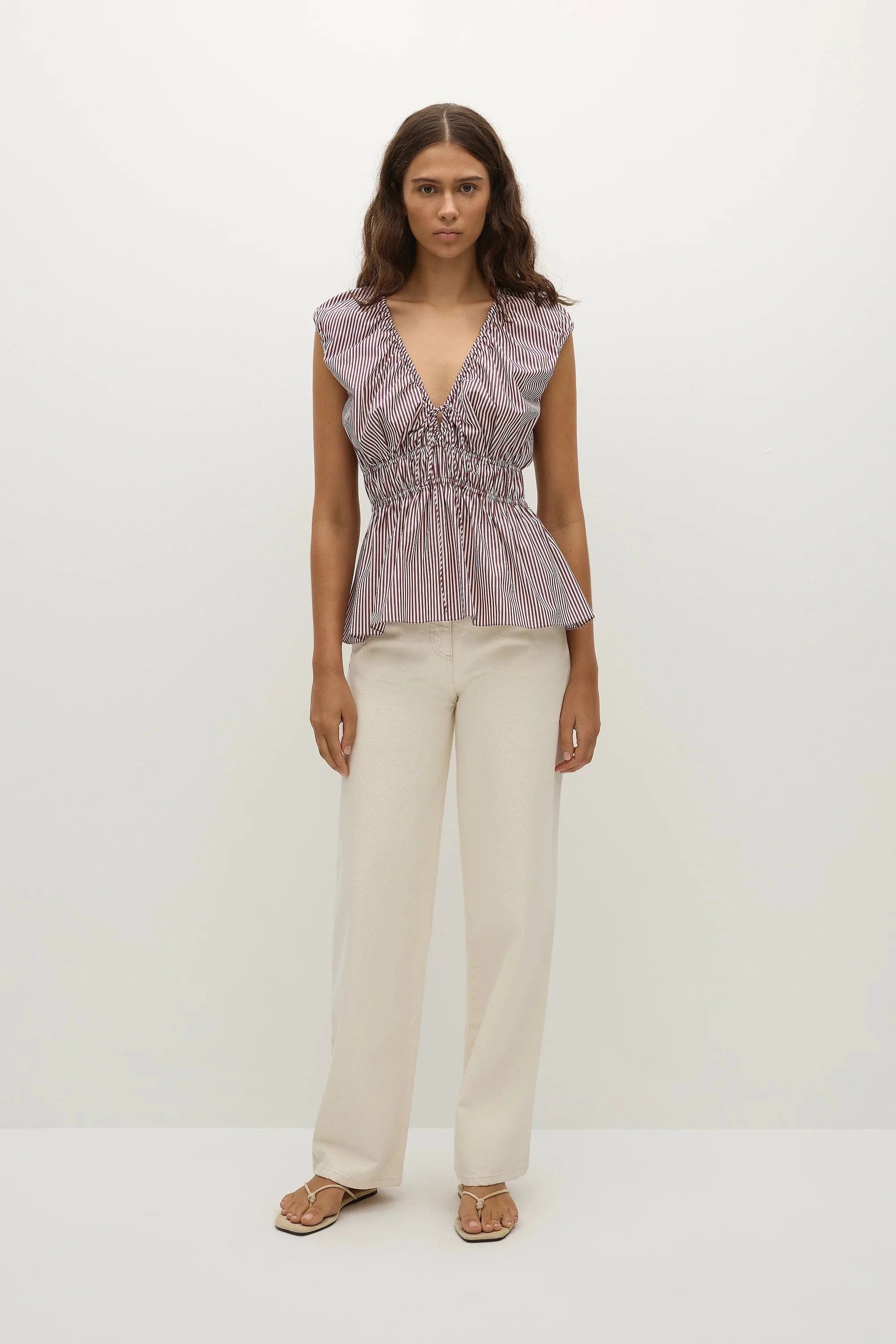 Faithfull The Brand Tops - Formal Hedda Top - Burgundy Stripe