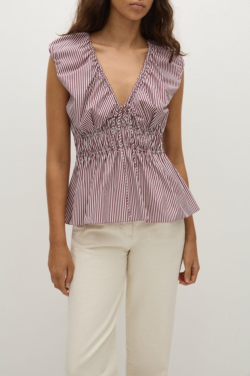 Faithfull The Brand Tops - Formal Hedda Top - Burgundy Stripe