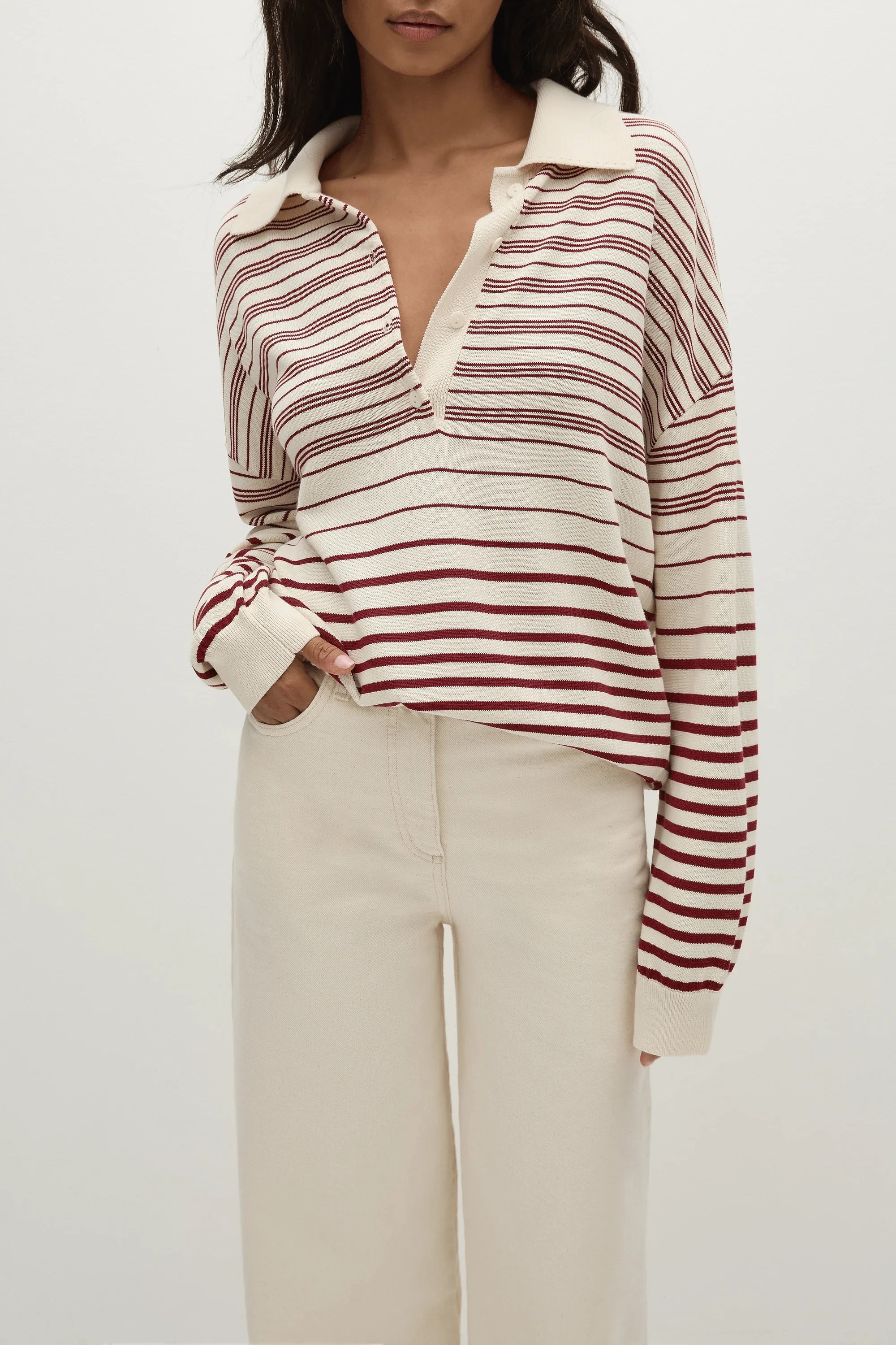 Faithfull The Brand Tops - Long Sleeve Harlow Oversized Polo - Scandi Stripe Red/Cream