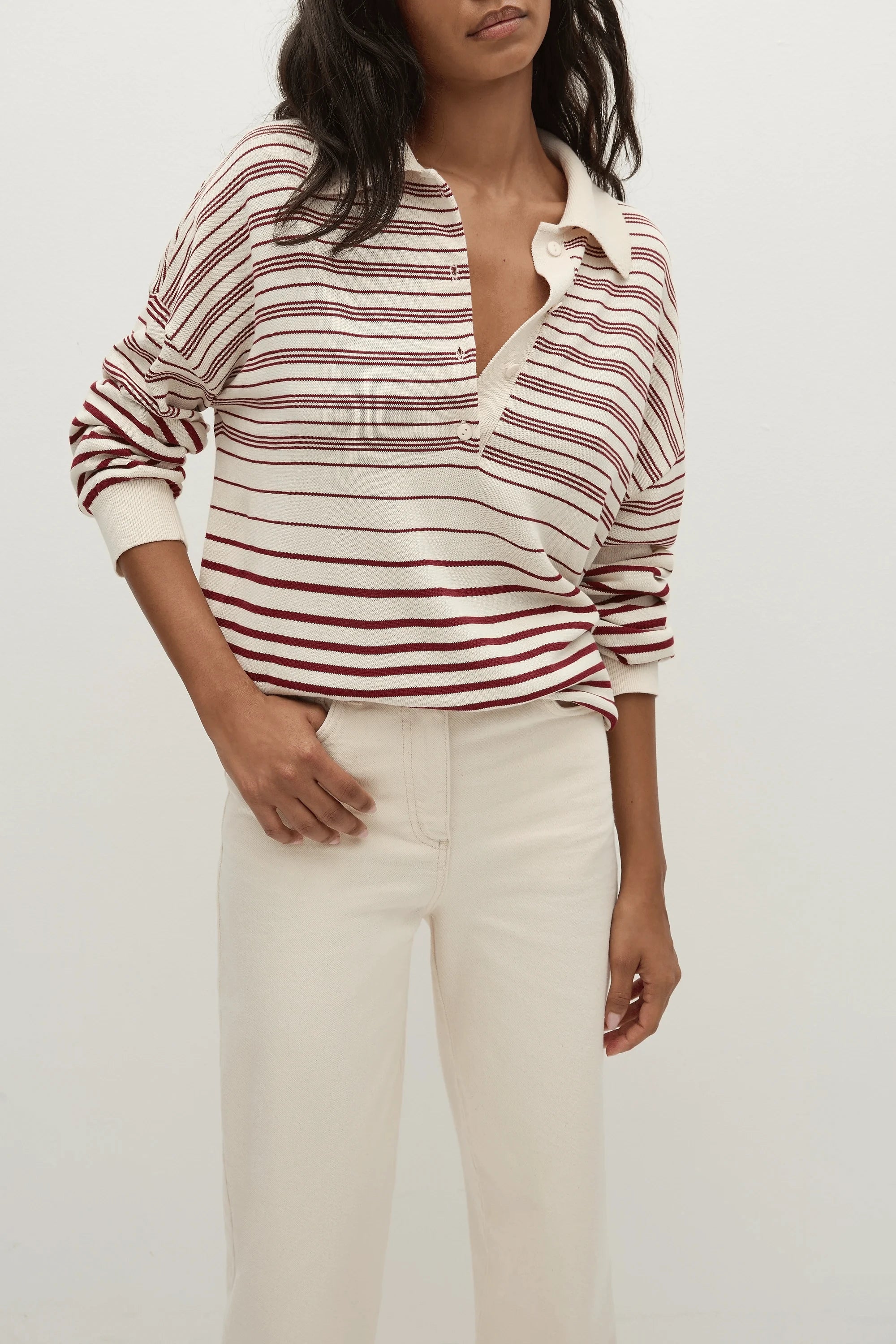 Faithfull The Brand Tops - Long Sleeve Harlow Oversized Polo - Scandi Stripe Red/Cream