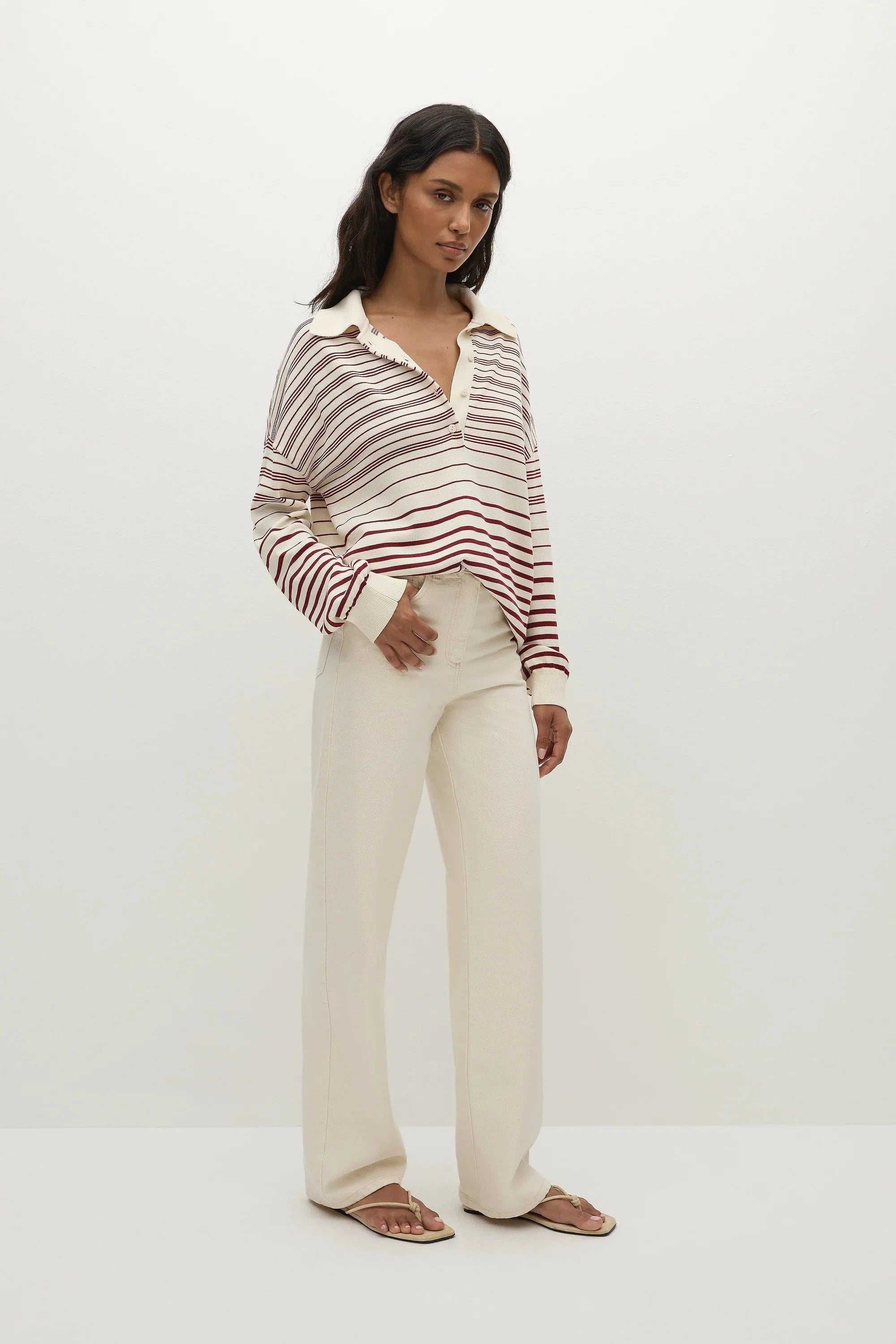 Faithfull The Brand Tops - Long Sleeve Harlow Oversized Polo - Scandi Stripe Red/Cream
