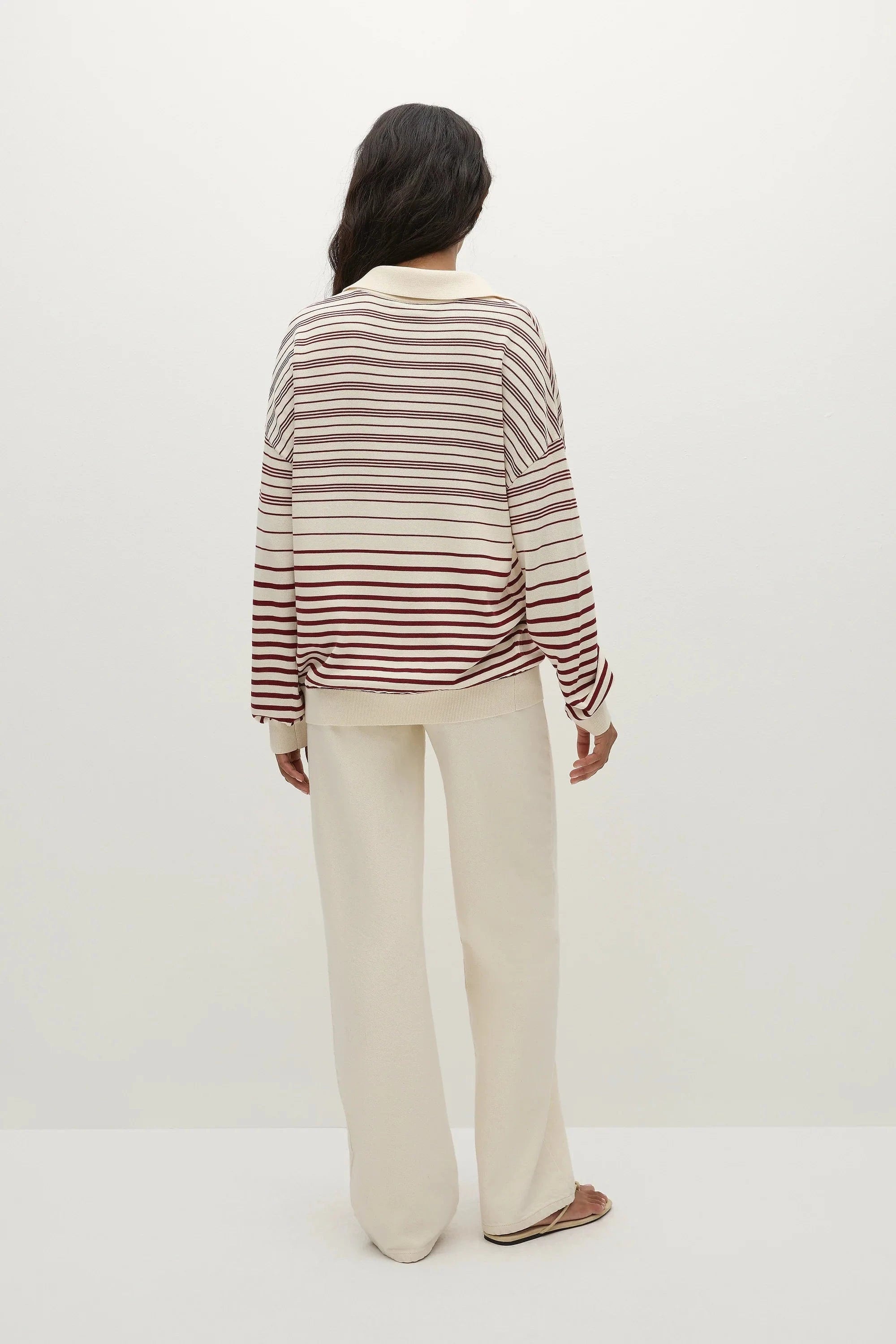 Faithfull The Brand Tops - Long Sleeve Harlow Oversized Polo - Scandi Stripe Red/Cream