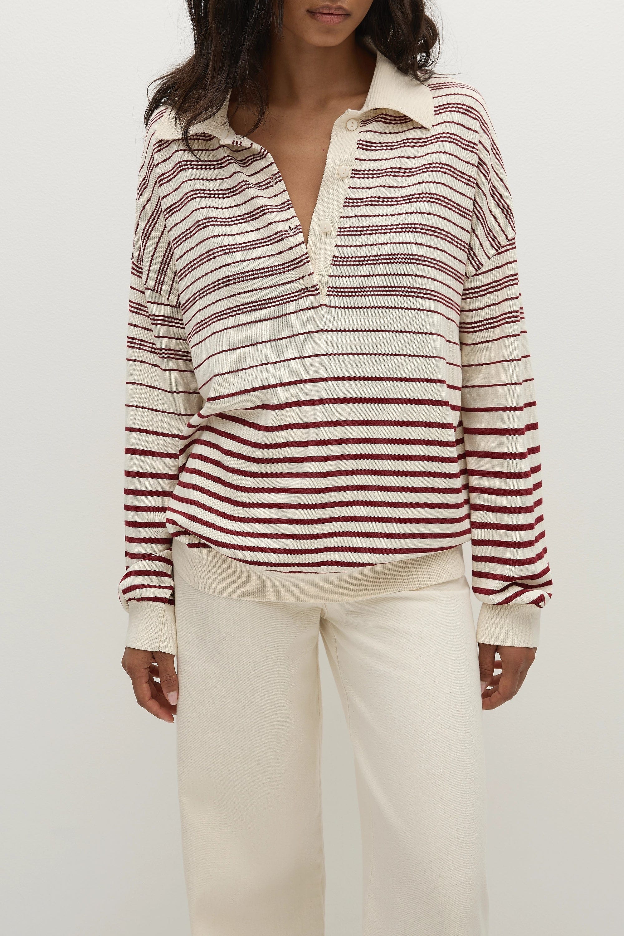Faithfull The Brand Tops - Long Sleeve Harlow Oversized Polo - Scandi Stripe Red/Cream