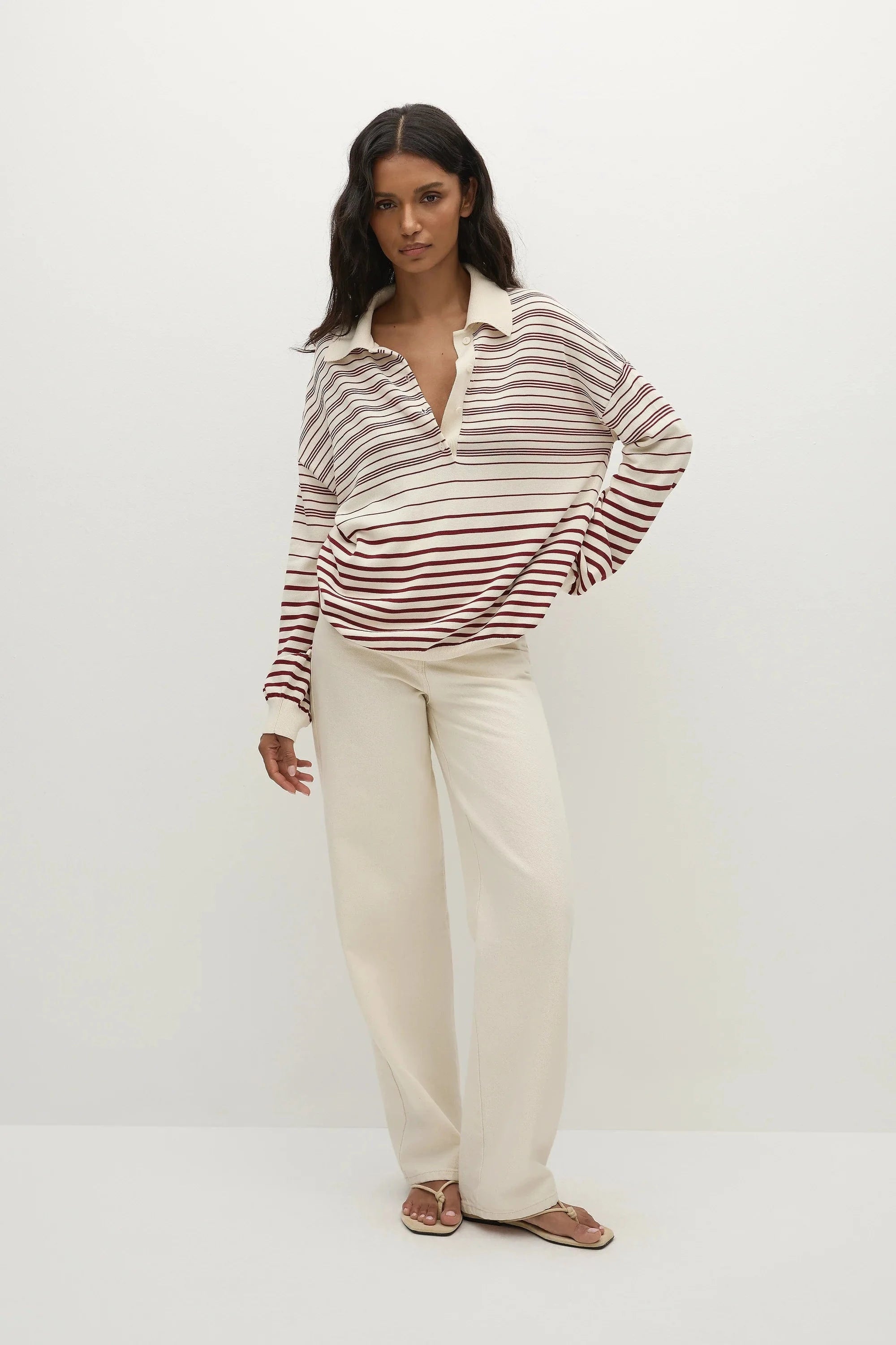 Faithfull The Brand Tops - Long Sleeve Harlow Oversized Polo - Scandi Stripe Red/Cream