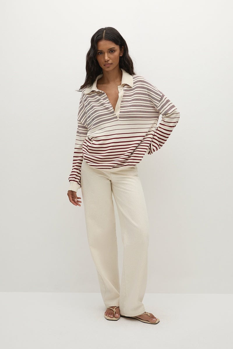 Faithfull The Brand Tops - Long Sleeve Harlow Oversized Polo - Scandi Stripe Red/Cream