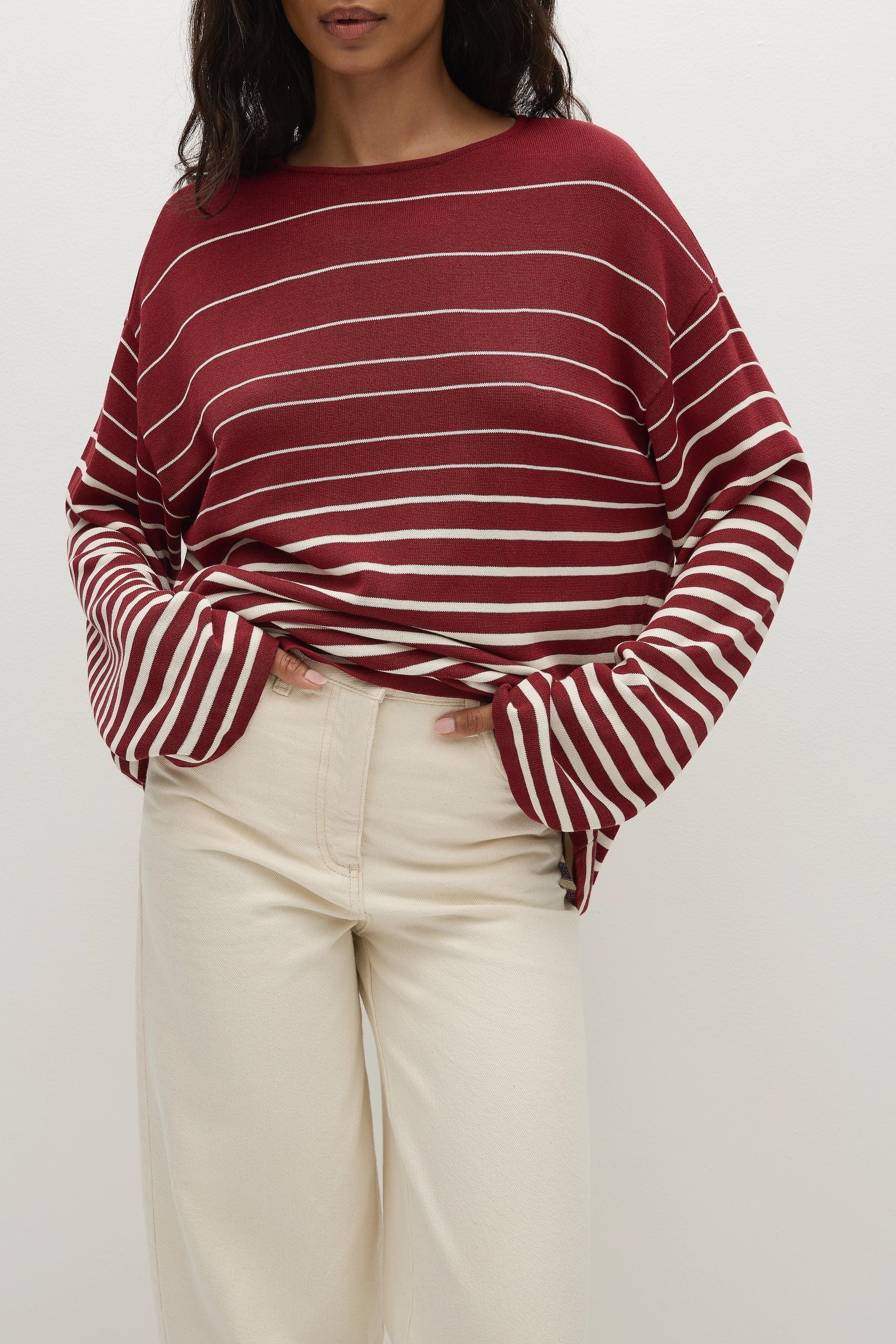 Faithfull The Brand Tops - Long Sleeve Lyana Top - Scandi Stripe Red/Cream