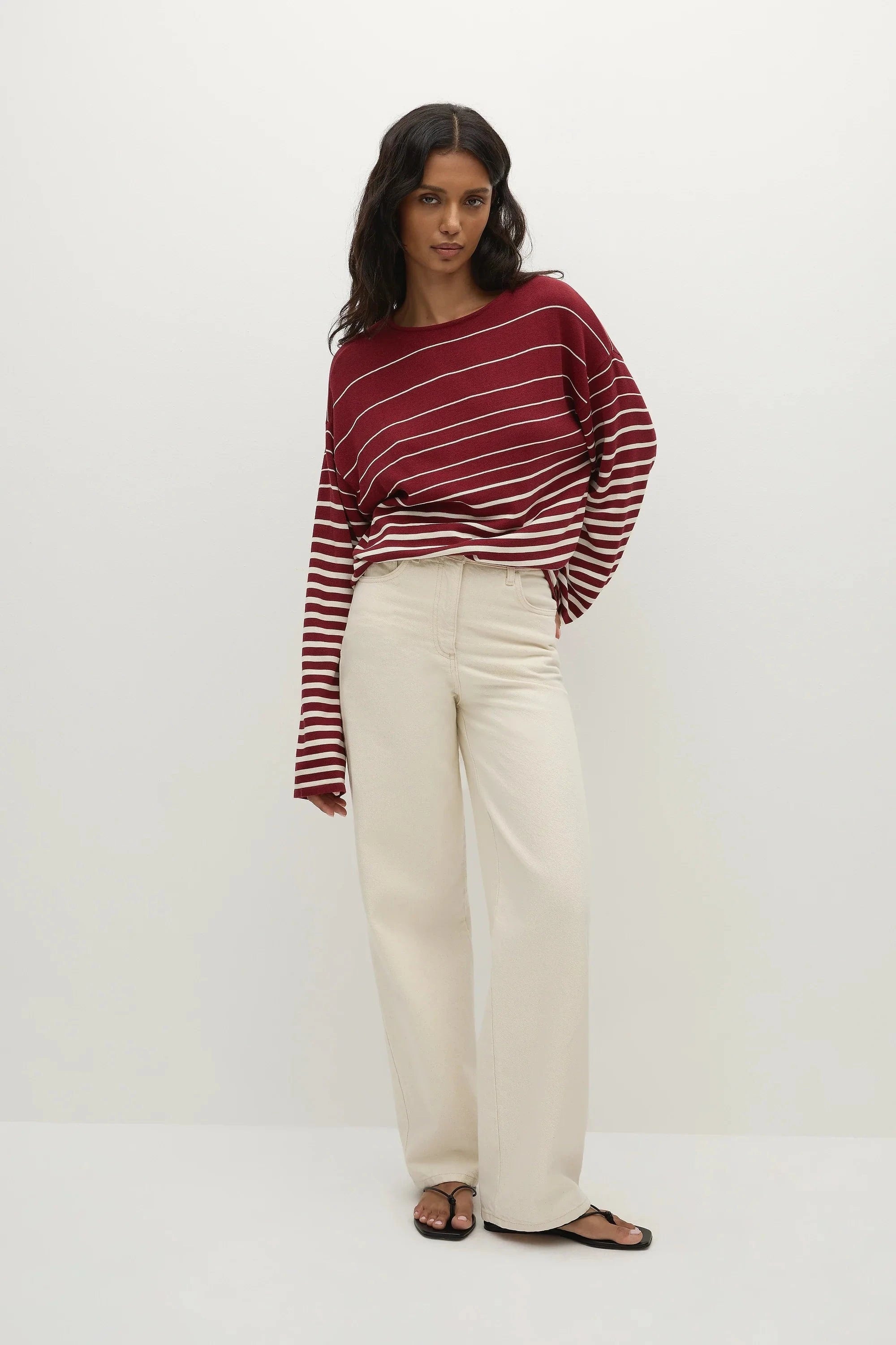 Faithfull The Brand Tops - Long Sleeve Lyana Top - Scandi Stripe Red/Cream