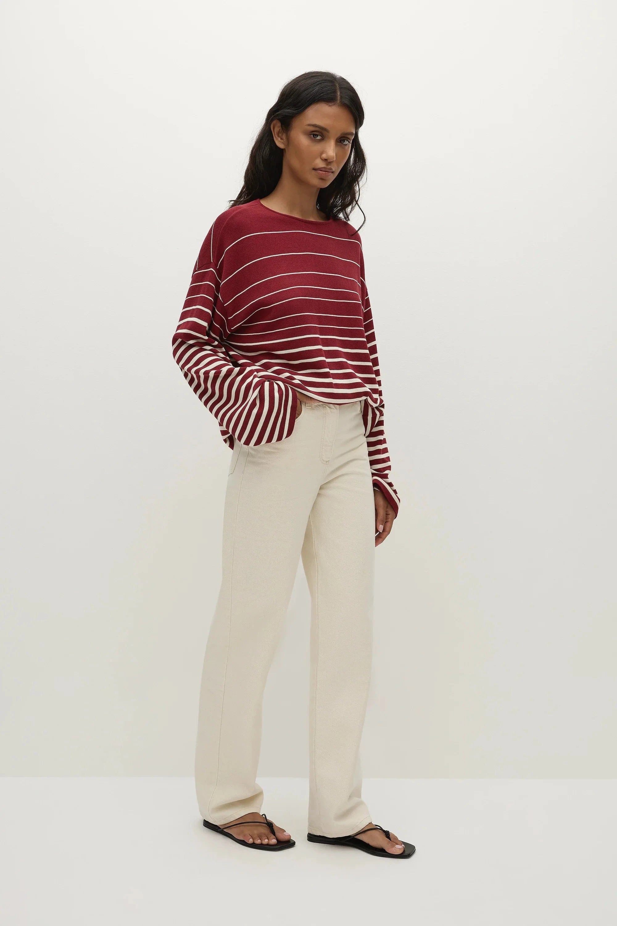 Faithfull The Brand Tops - Long Sleeve Lyana Top - Scandi Stripe Red/Cream