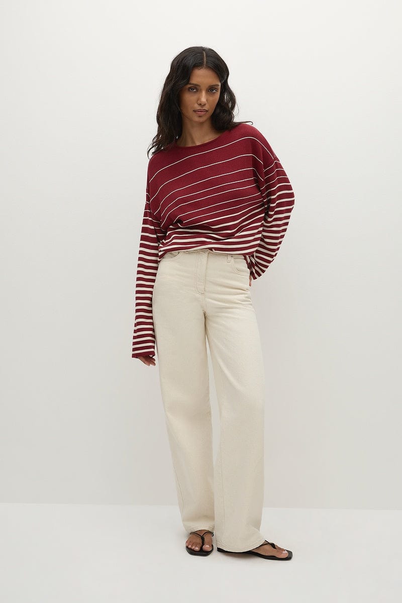 Faithfull The Brand Tops - Long Sleeve Lyana Top - Scandi Stripe Red/Cream