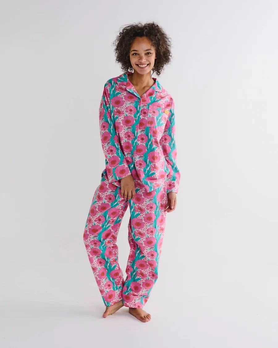 Kip & Co Sleepwear Flannelette Long Sleeve shirt PJ Set - Tumbling Flowers Pink