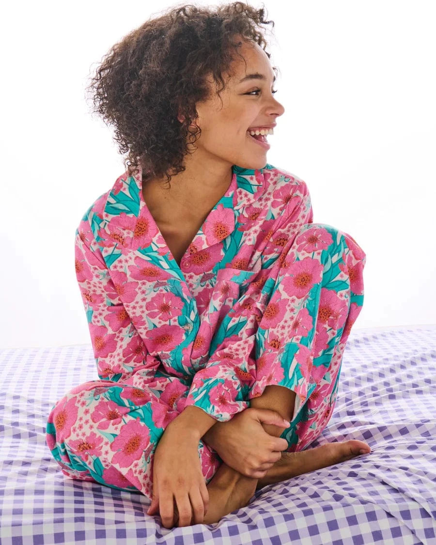 Kip & Co Sleepwear Flannelette Long Sleeve shirt PJ Set - Tumbling Flowers Pink