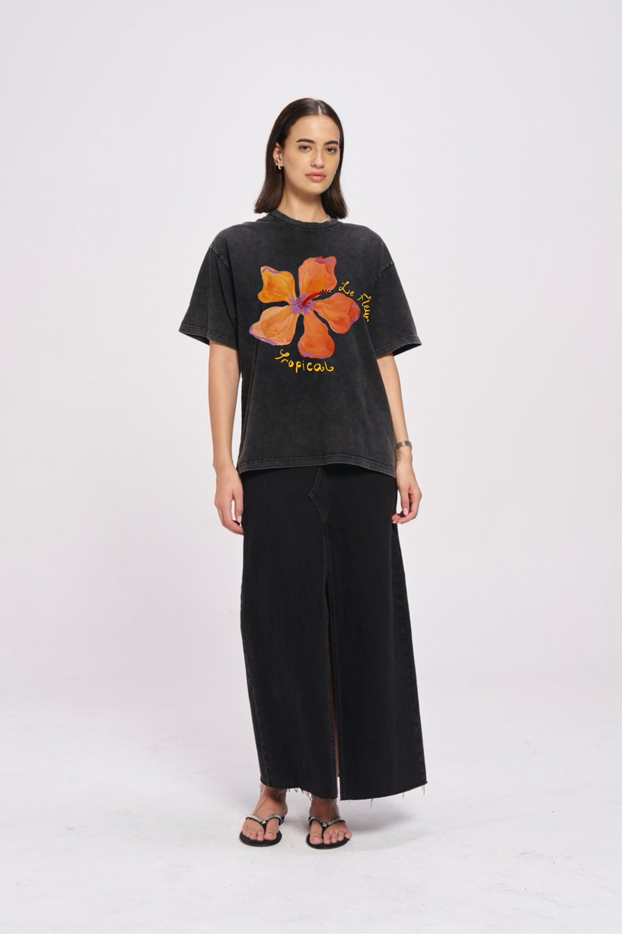 Maku Tees Maku | Le Fleur Tropical Oversize Tee - Snow Wash Black