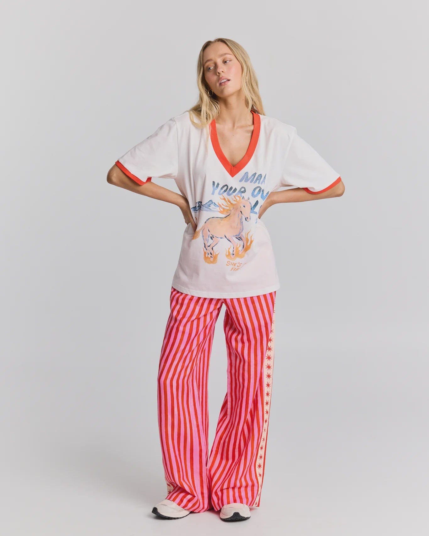 Maku Tees She's on Fire V-Neck Tee - White and Orange