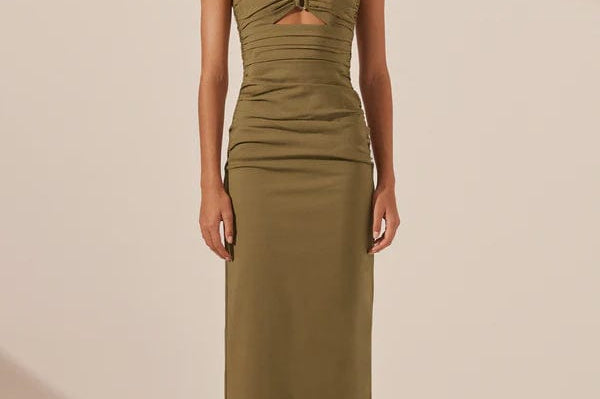 Shona Joy Dresses - Formal Shona Joy | Lani Strapless Gathered Midi Dress - Army Green