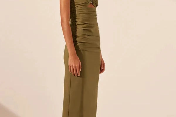 Shona Joy Dresses - Formal Shona Joy | Lani Strapless Gathered Midi Dress - Army Green