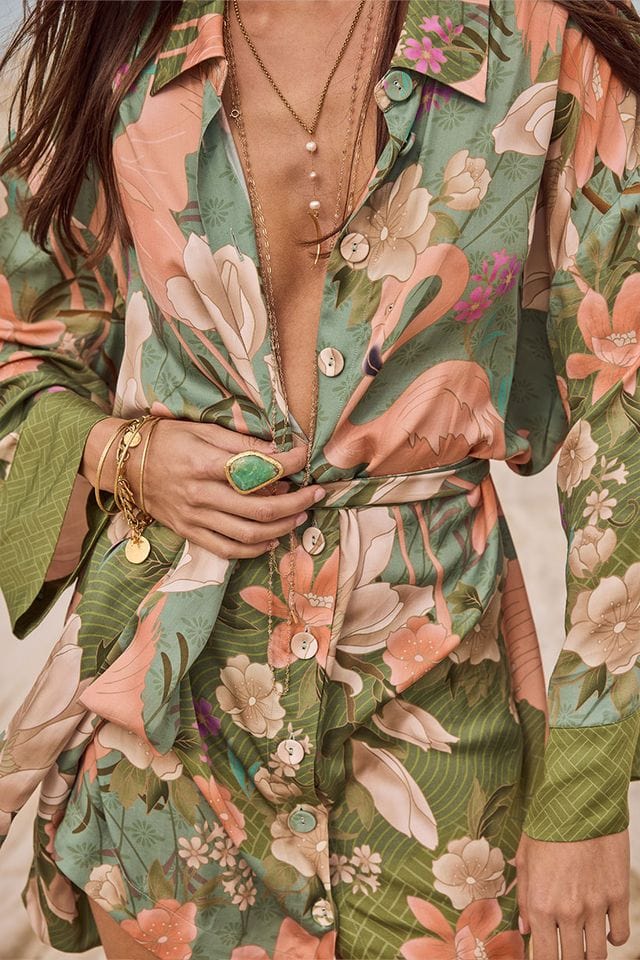 Spell Dresses - Boho Floridian Shirt Dress - Sage