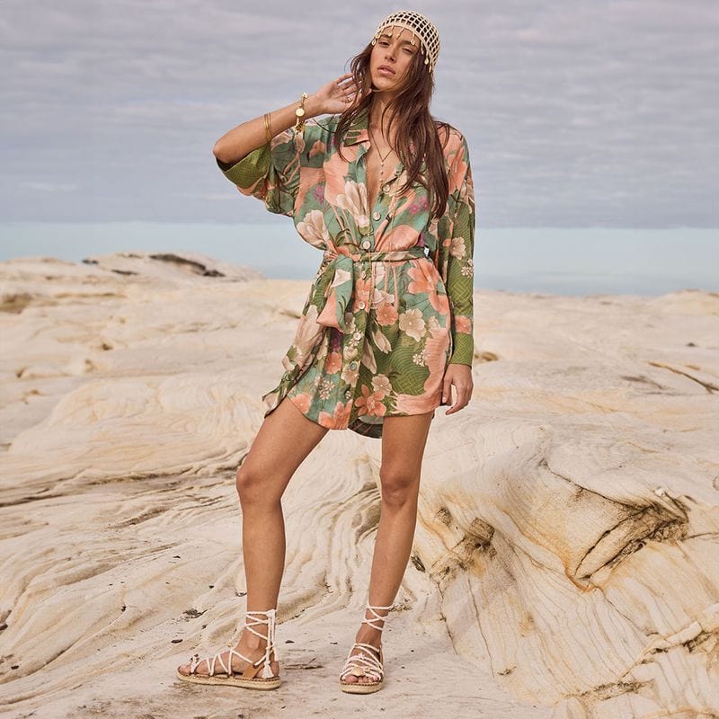 Spell Dresses - Boho Floridian Shirt Dress - Sage