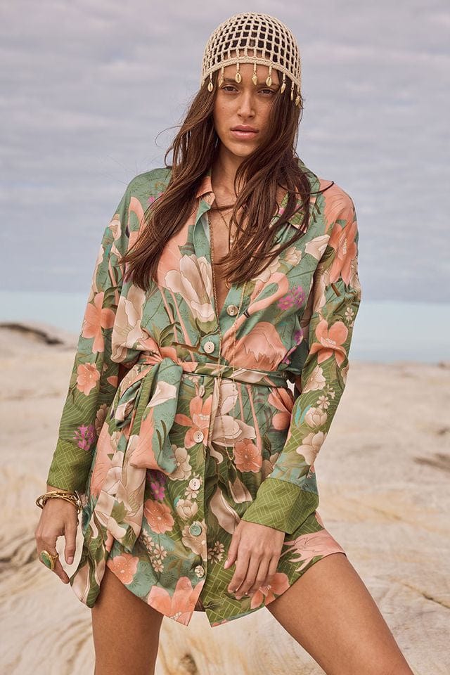 Spell Dresses - Boho Floridian Shirt Dress - Sage