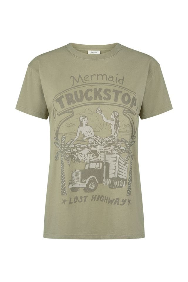 Spell Tees Mermaid Truckstop Biker Tee - Khaki