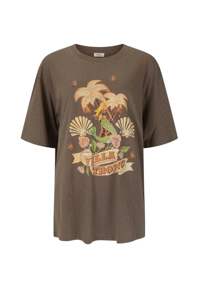 Spell Tees Villa Tropic Oversized Biker Tee - Coffee