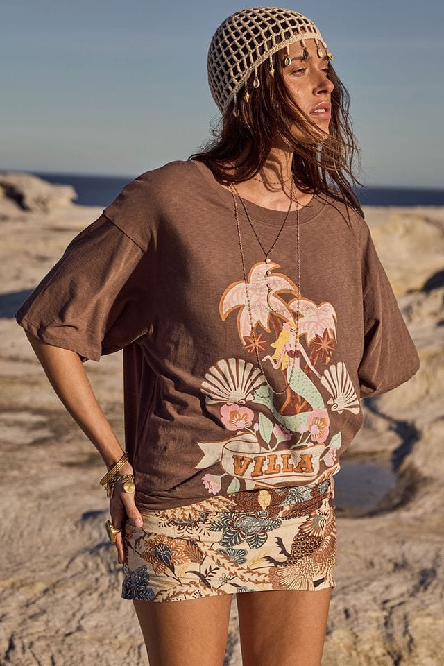 Spell Tees Villa Tropic Oversized Biker Tee - Coffee