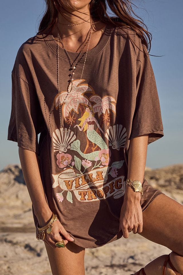 Spell Tees Villa Tropic Oversized Biker Tee - Coffee
