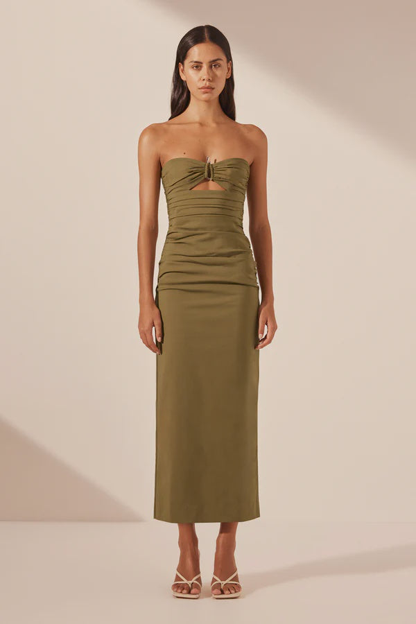 Shona Joy | Lani Strapless Gathered Midi Dress - Army Green