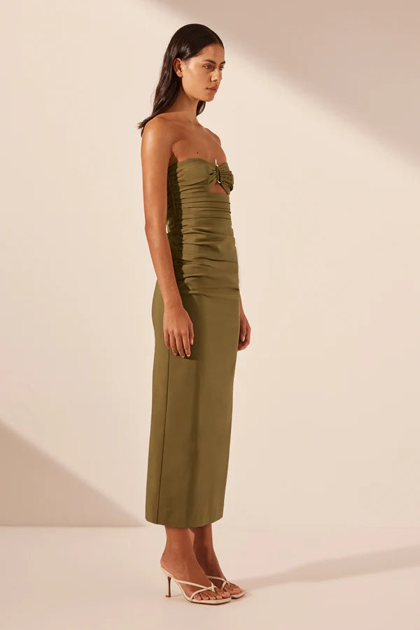 Shona Joy | Lani Strapless Gathered Midi Dress - Army Green