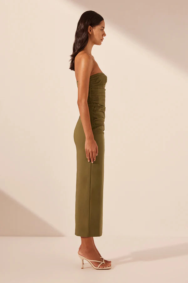 Shona Joy | Lani Strapless Gathered Midi Dress - Army Green