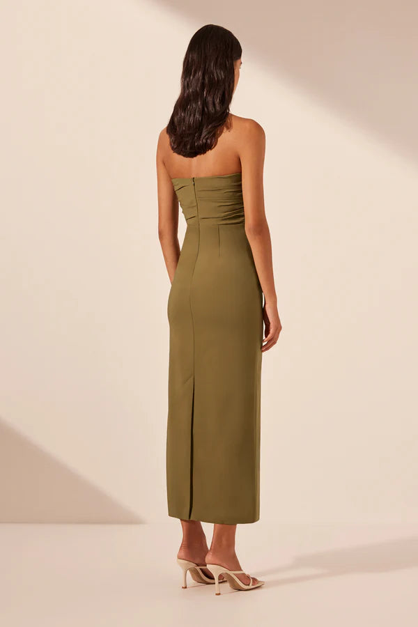 Shona Joy | Lani Strapless Gathered Midi Dress - Army Green