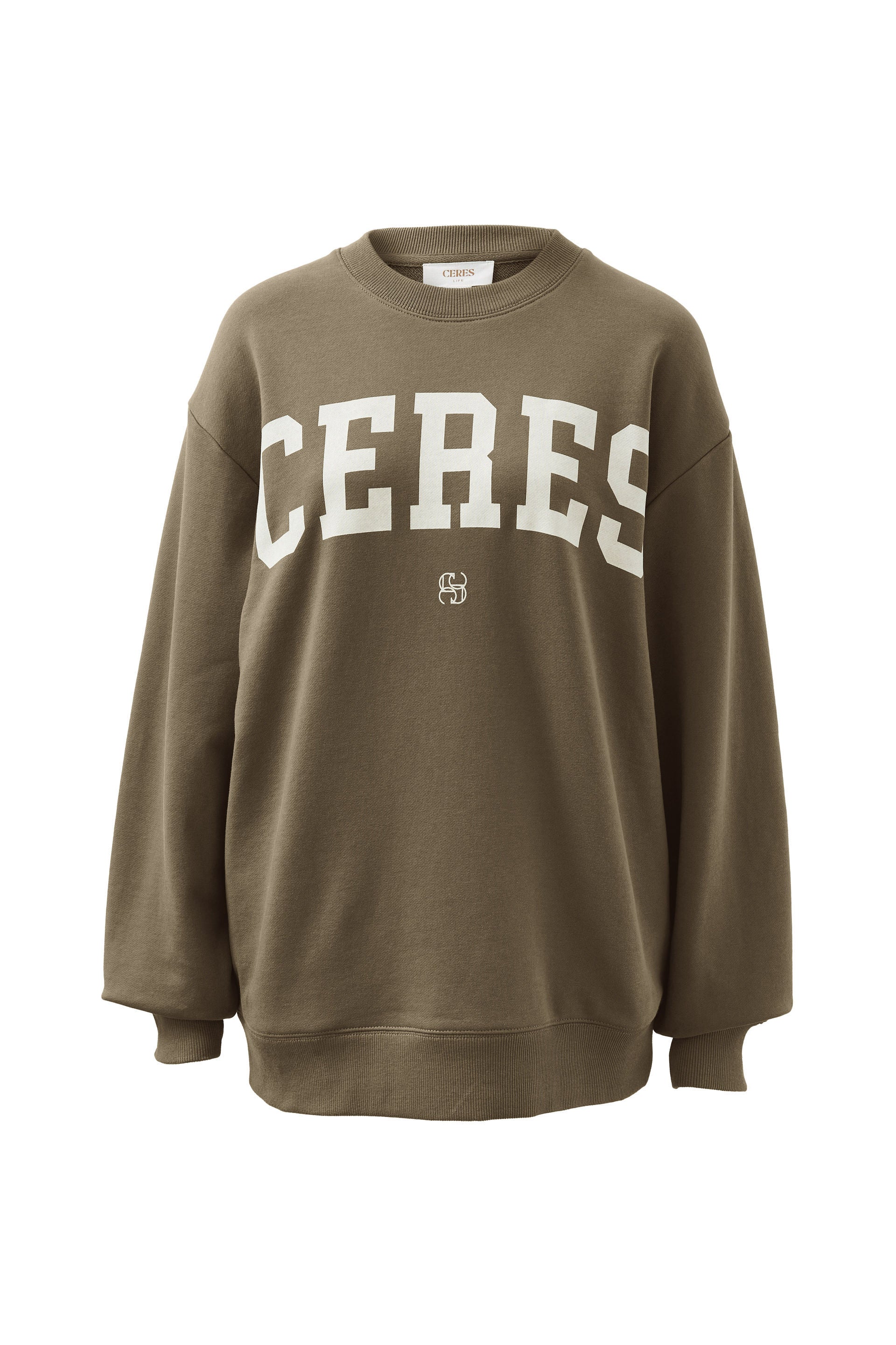 Ceres Life | Oversized Slouchy Crew - Khaki Heritage Logo