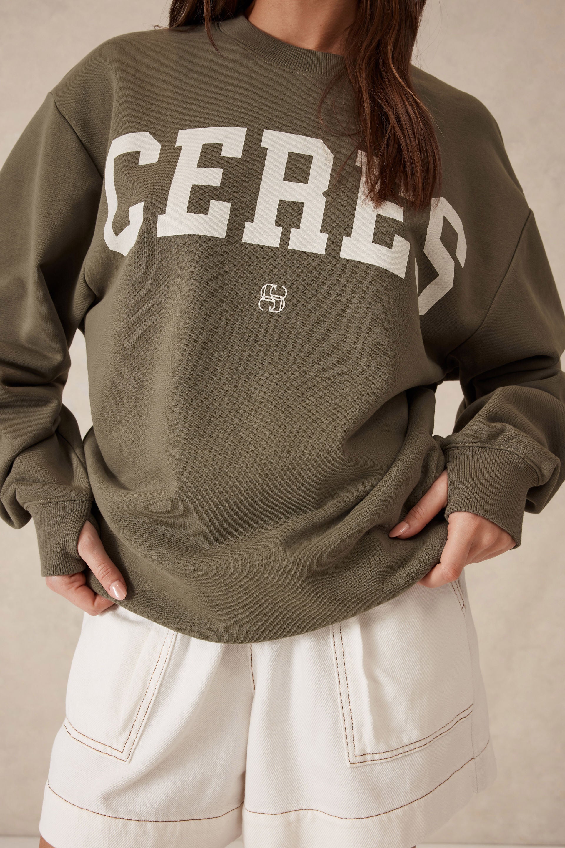 Ceres Life | Oversized Slouchy Crew - Khaki Heritage Logo