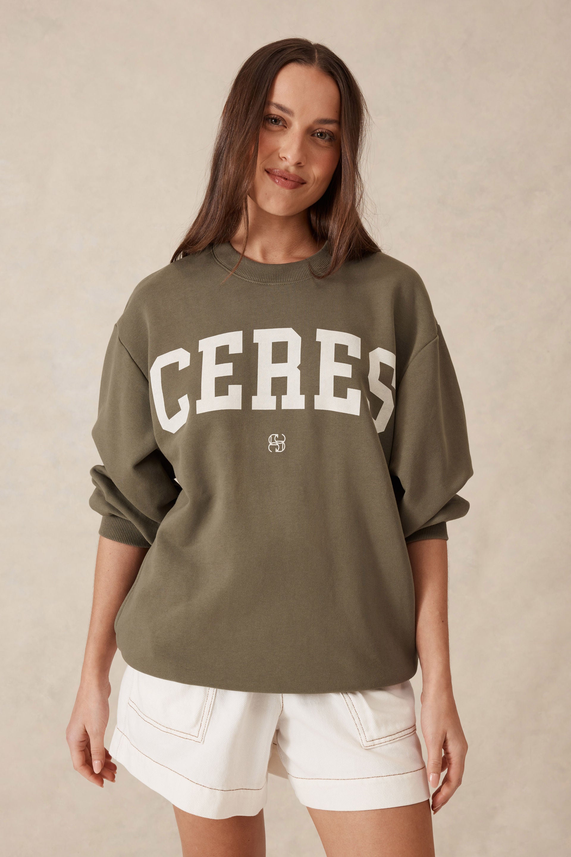 Ceres Life | Oversized Slouchy Crew - Khaki Heritage Logo