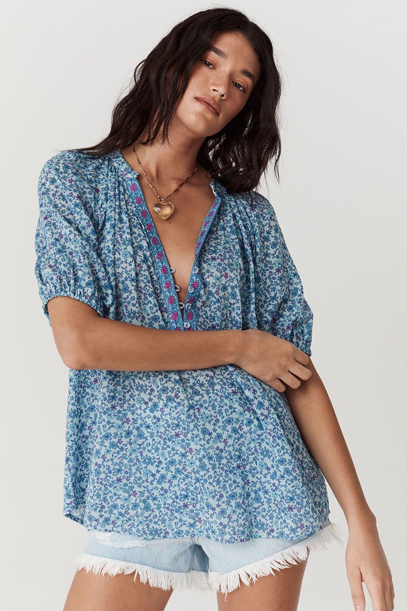 Spell | Love Jetty Short Sleeve Blouse - Blue Nivana