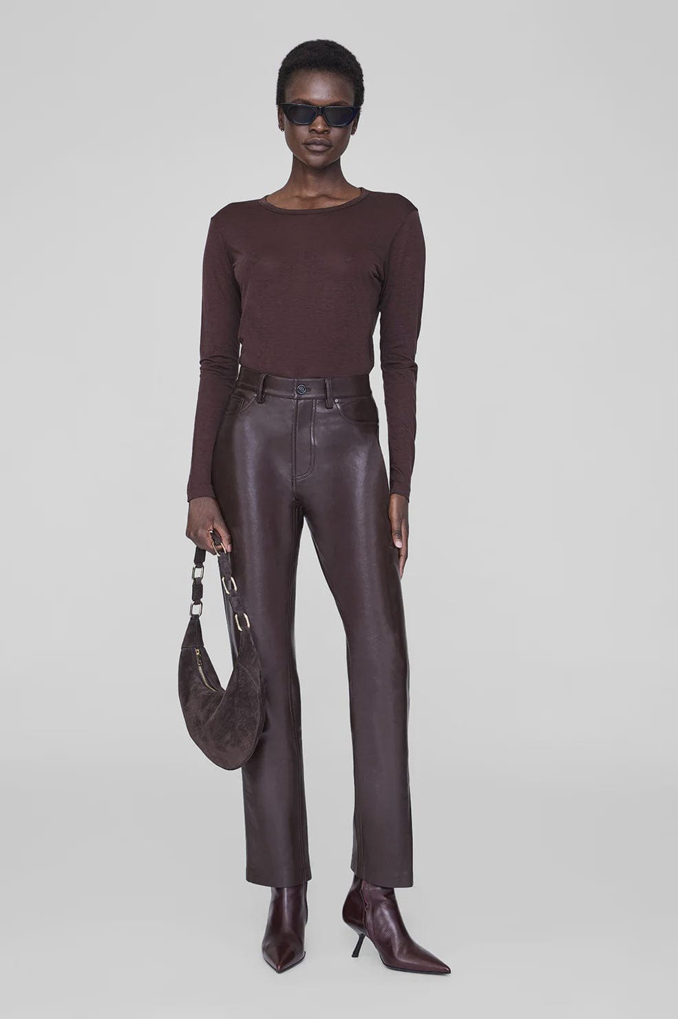 Anine Bing Tops - Long Sleeve Sylvie Long Sleeve Tee - Dark Brown *Pre-order*