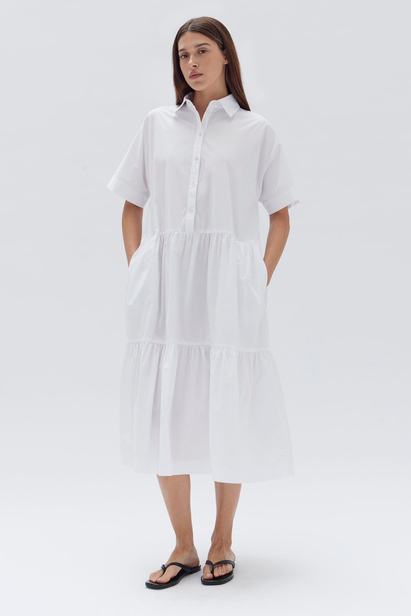 Assembly Label Dresses - Casual Assembly Label | Tiered Poplin Shirt Dress - White