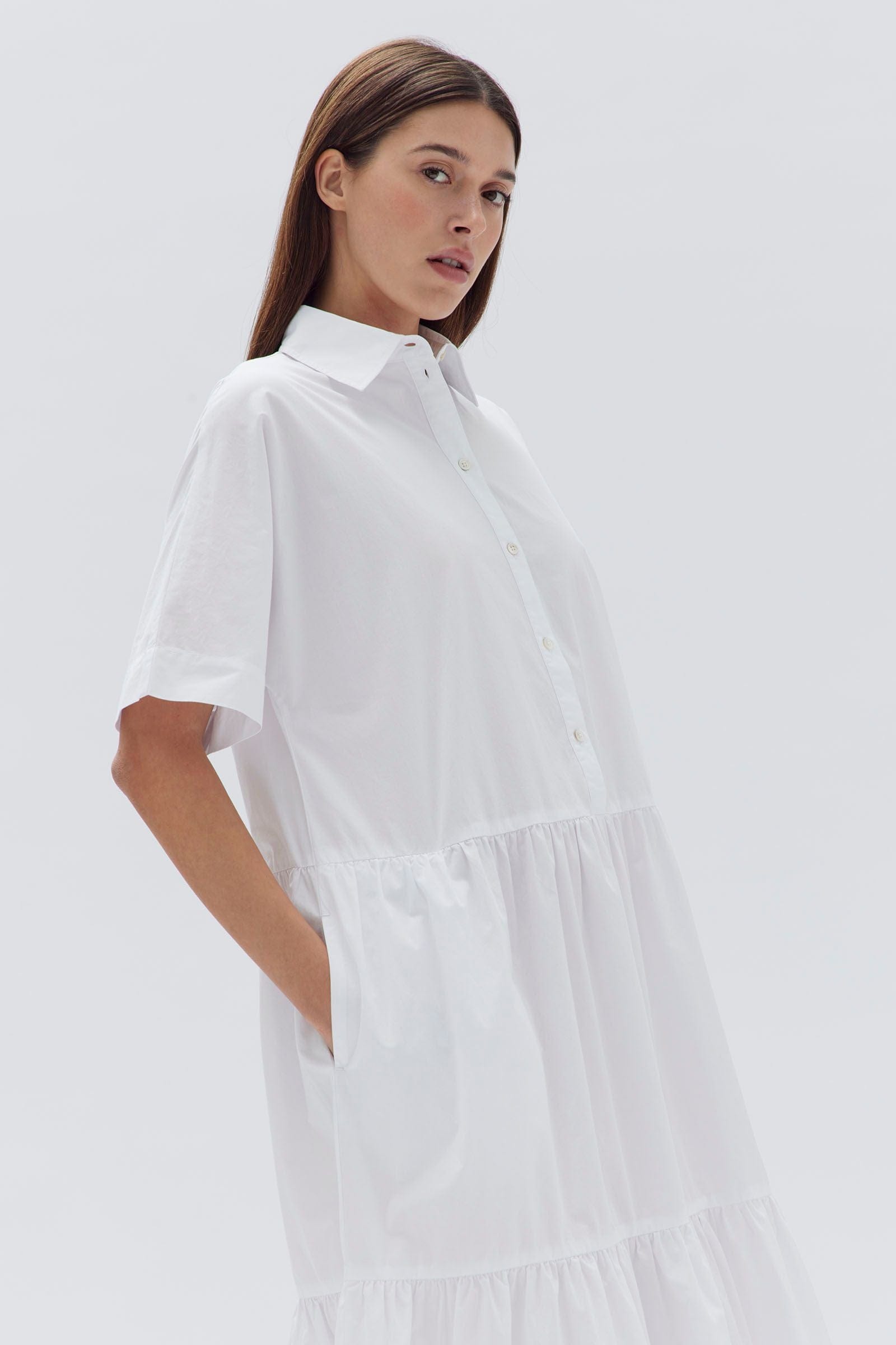 Assembly Label Dresses - Casual Assembly Label | Tiered Poplin Shirt Dress - White
