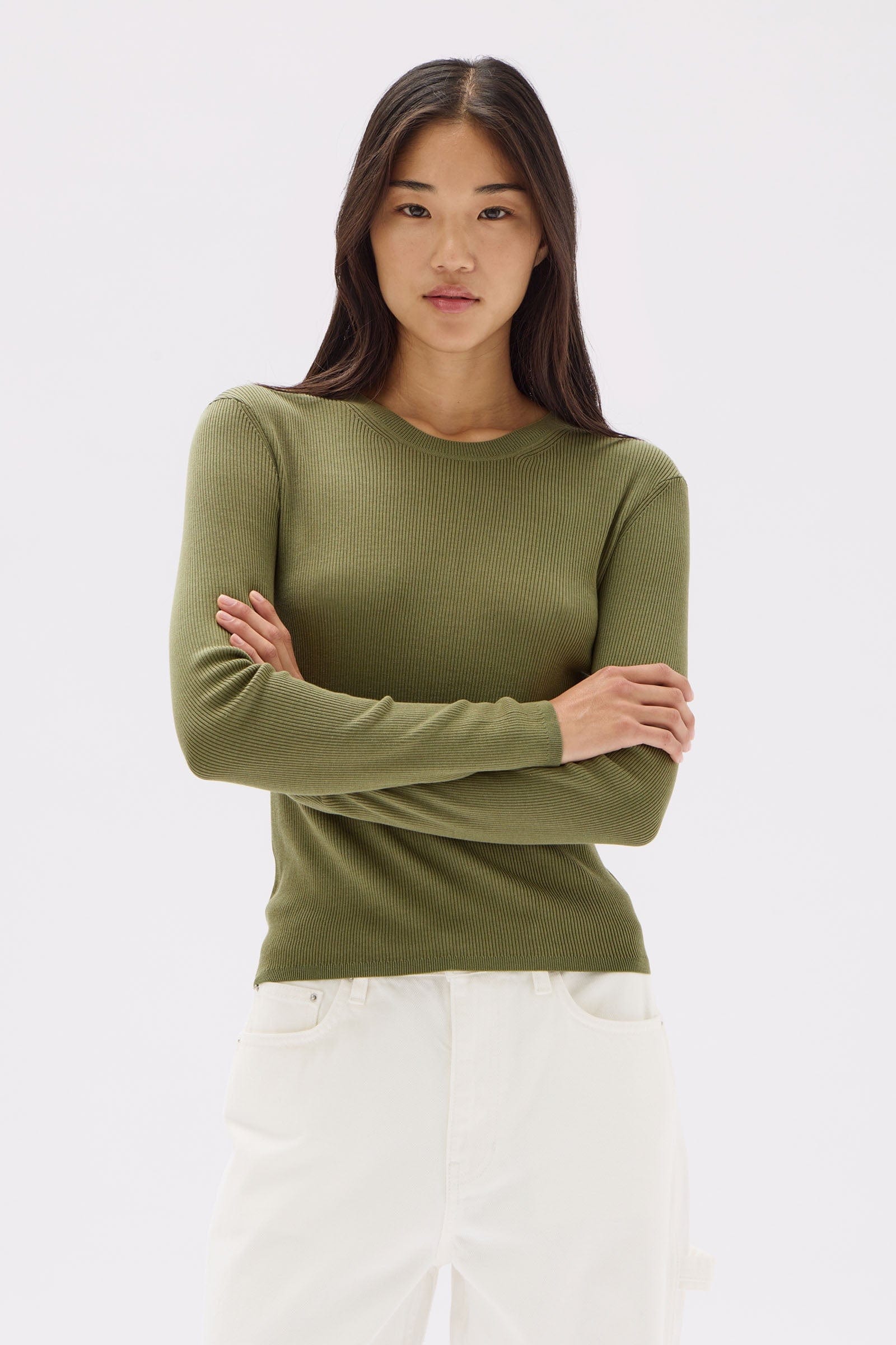 Assembly Label Tops - Long Sleeve Assembly Label | Amira Knit Long Sleeve Tee -  Tarragon