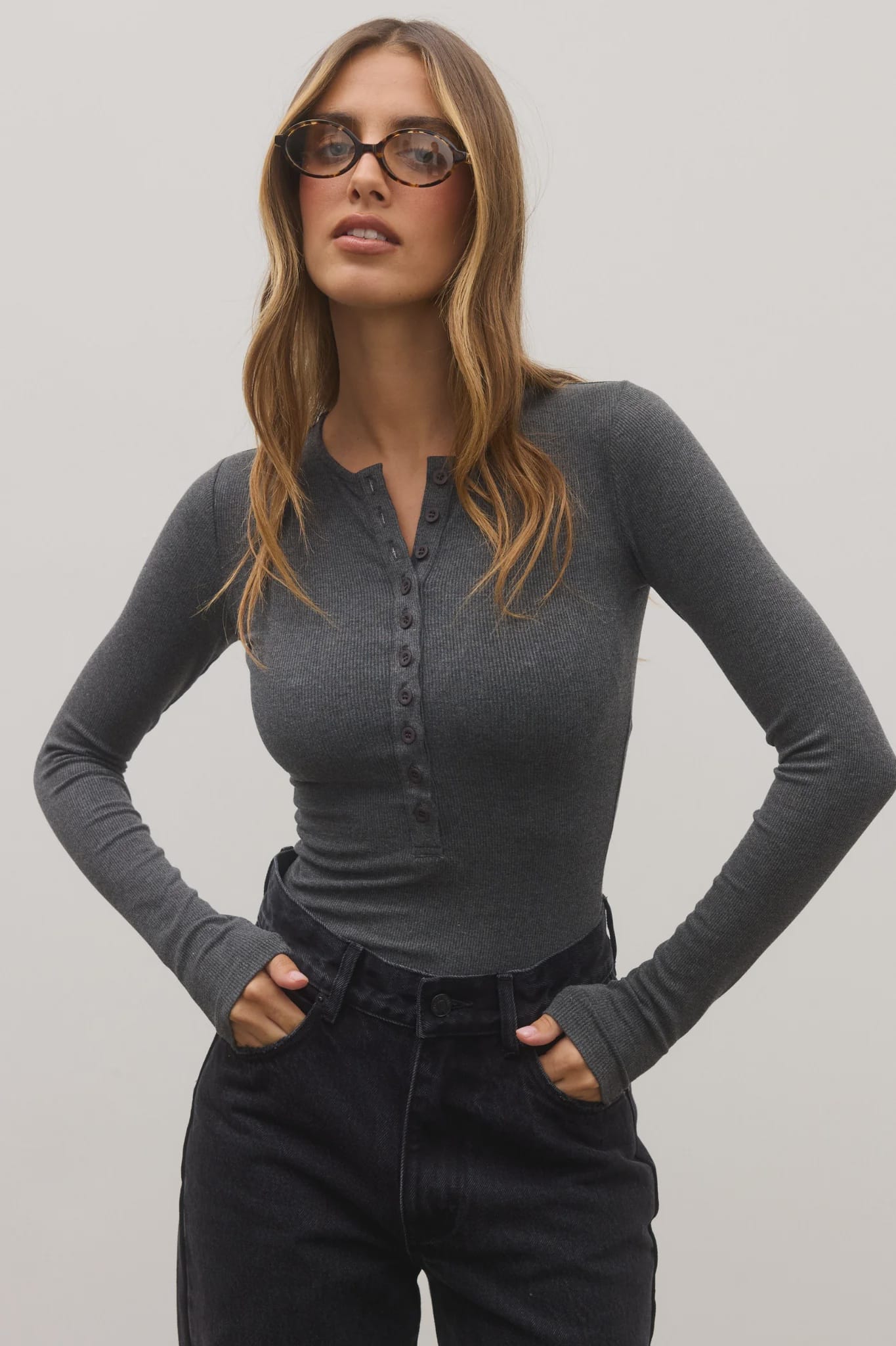 Bayse Brand Tops - Long Sleeve Lara Bodysuit - Dark Heather Grey