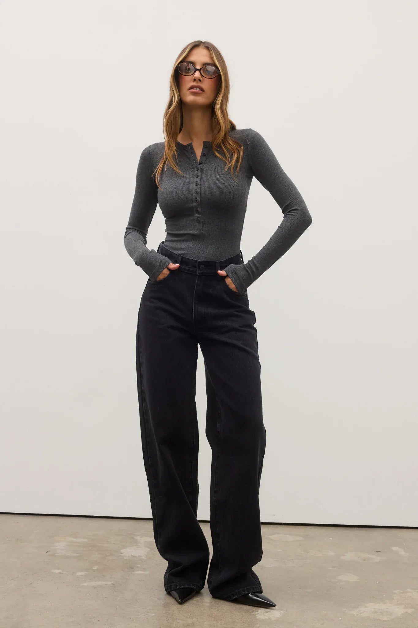 Bayse Brand Tops - Long Sleeve Lara Bodysuit - Dark Heather Grey